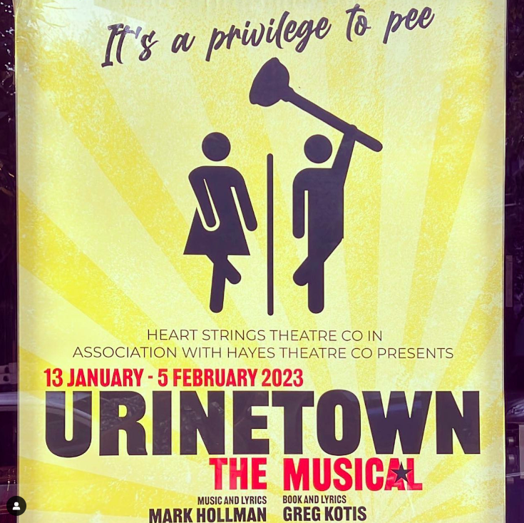 Poster for the musical Urinetown. A male and female silhouette on a yellow background, crossing their legs. The male holds a plunger above his head.